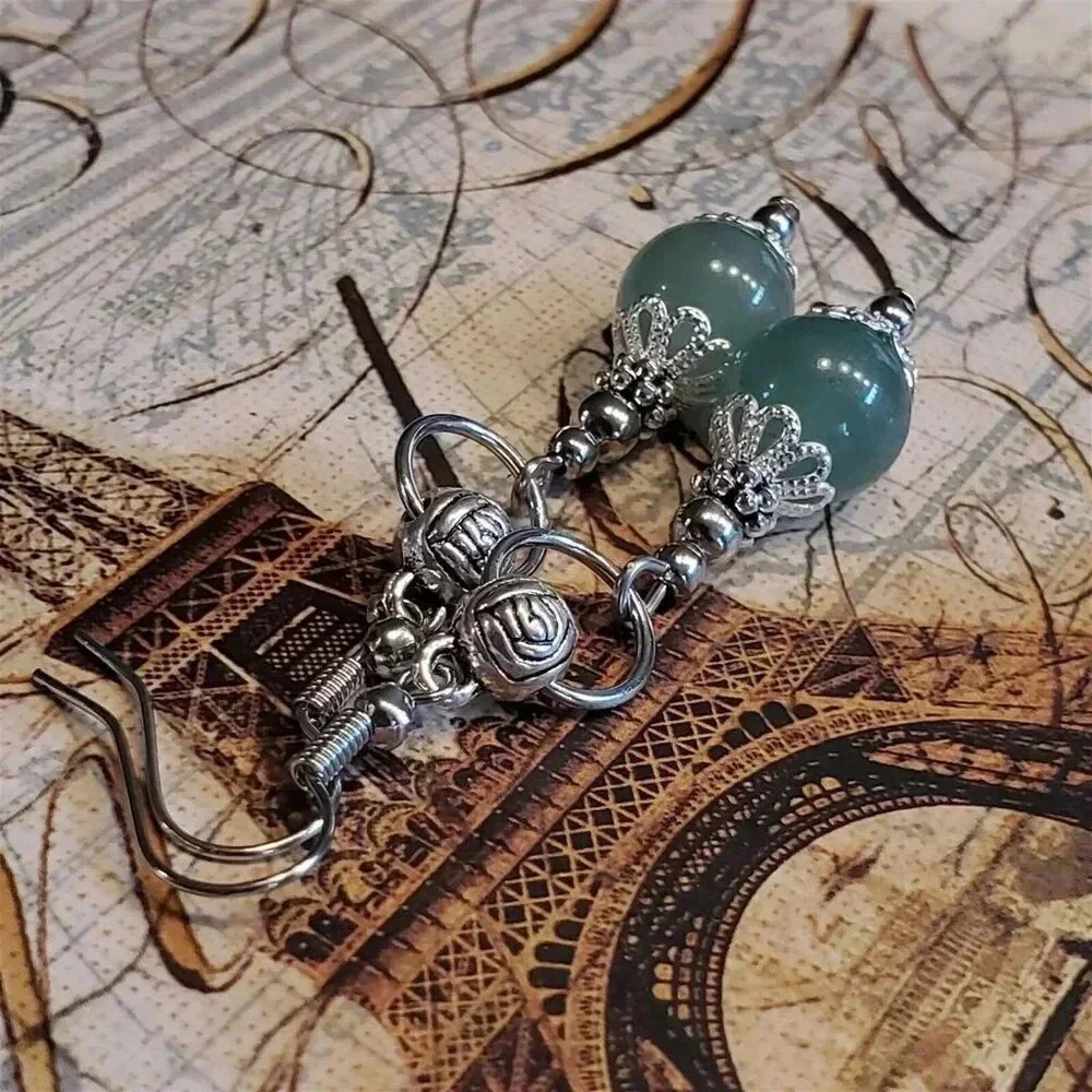Green Malaysian Jade Gemstone Lacy Trim Silver Carved Rose Handcrafted Earrings